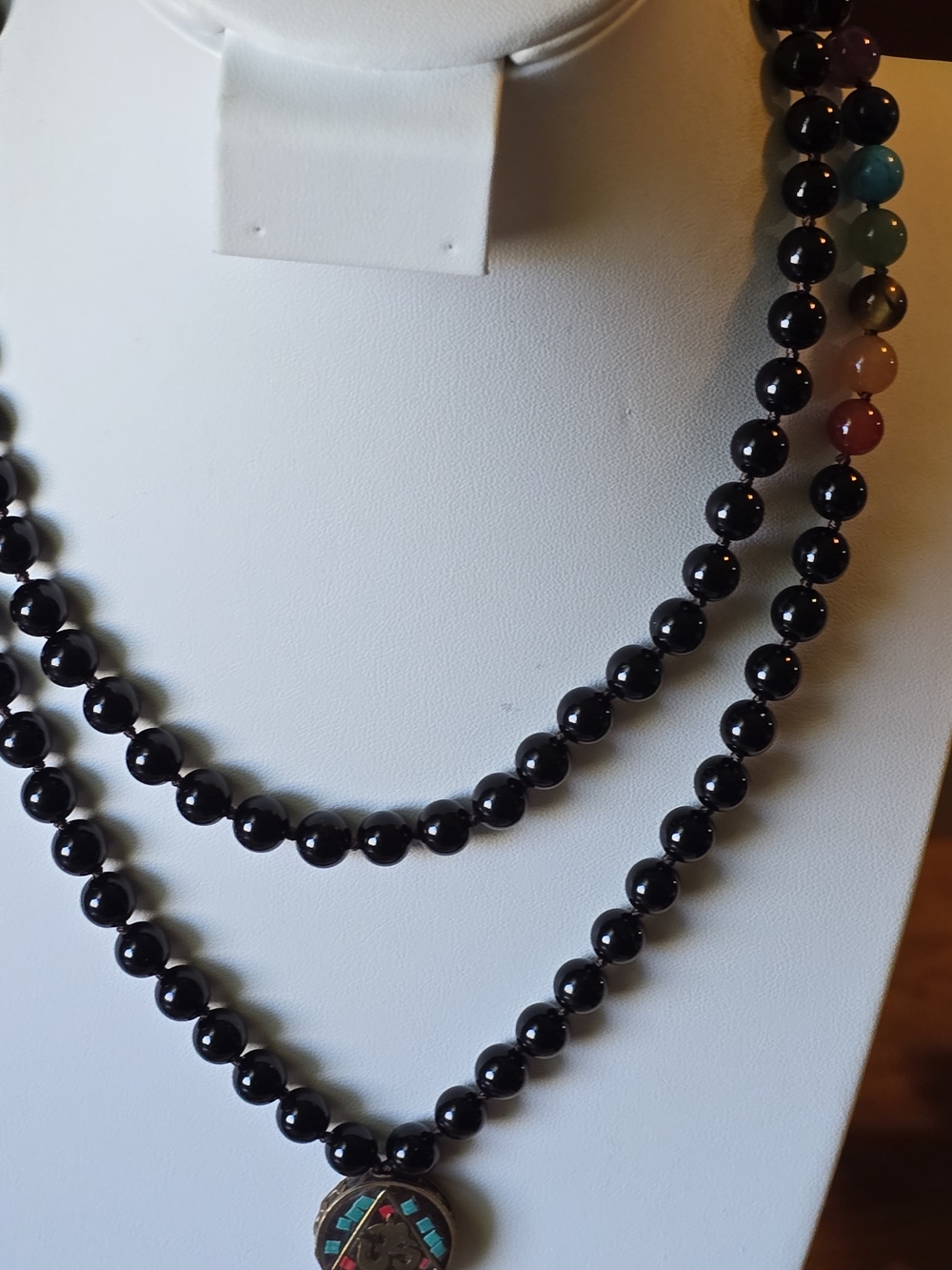 Women's Black Beaded Layered Necklace with Multicolor Accent Pendant.